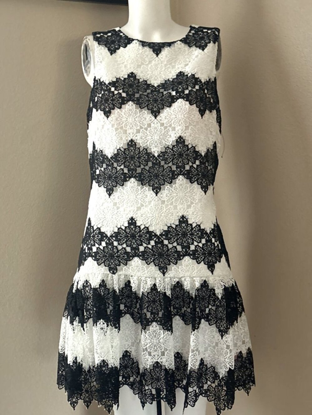 Betsey Johnson Womens Black White Striped Lace Overlay Dress Size 8 New